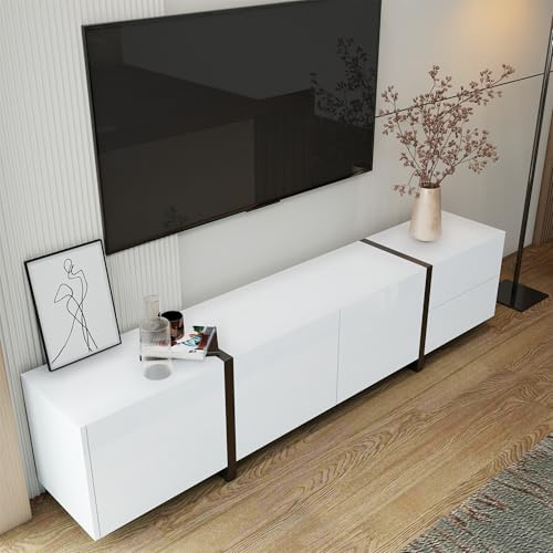 OKMYHOME Meuble TV Bas Moderne avec LED Intégrée, Portes et Tiroirs de Rangement - Structure Robuste en Panneau de Particules, 170 x 30 x 39 cm, Blanc Brillant