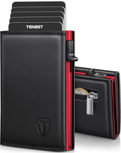 TENBST Geldbörse Herren, Edle Portemonnaie Herren mit Münzfach, RFID-Sicher Slim Wallet, Geldbeutel Premium für 10 Karten，Geschenke zum Vatertag - Rot-Schwarz