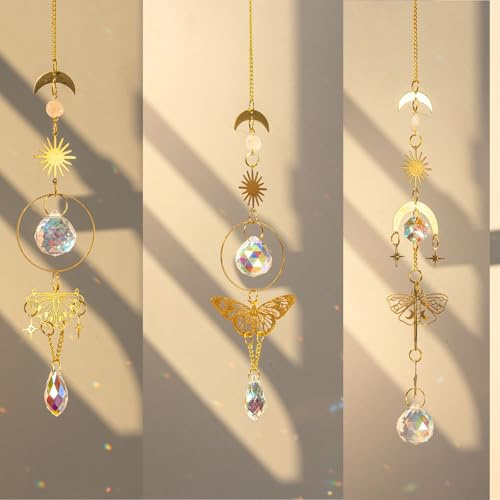 Fesnova Celestial Sonnenfänger Kristall,Suncatcher Gold Schmetterling Mondphase Fensterdekoration,für Hängende Prisma Ornamente mit Mond und Sonne Design,Sonnenfänger Kristall,3 Stück Kollektion