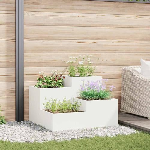Aiuola da giardino, aiuola, aiuola da giardino, vaso da giardino, bianco, 80 x 80 x 60 cm, in acciaio, per terrazza, balcone, giardino, giardino d'inverno