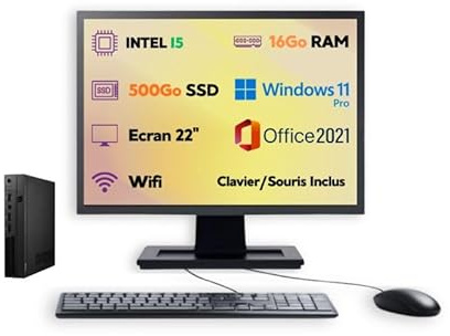 PC Ultra Mini – Intel Core i5 | Windows 11 Pro | SSD 500Go | RAM 16Go | Wi-FI | Écran 22’’ + Clavier & Souris | Ordinateur de Bureau Compact Complet Prêt à l’Emploi (reconditionné) (I5-16Go - 500Go)