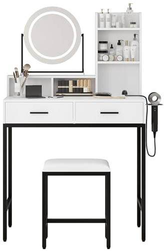 ZoomBuggy Tocador con Espejo LED Giratorio y Taburete, Mesa de Maquillaje con 2 Cajones, 5 Estanterías y Soporte para Secador de Pelo, Mueble de Maquillaje Moderno, Blanco y Negro