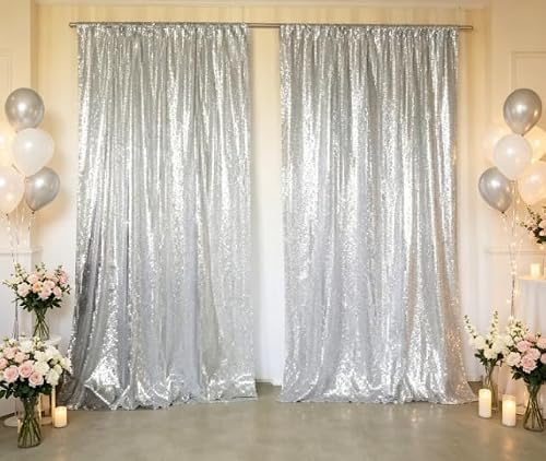 Lot de 2 rideaux à paillettes - 60 x 240 cm - Fond pailleté pour mariage, anniversaire, fond photo - 120 x 240 cm - Avec passe-tringle - Lametta PET (argenté)
