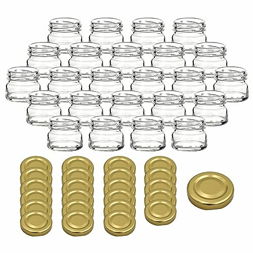 gouveo Lot de 24 bocaux de conservation 30 ml Mini avec bouchon à vis doré - Mini-bocaux avec bouchon à vis TO43 - Bocaux ronds pour conserves, confitures et épices (EGR030G)