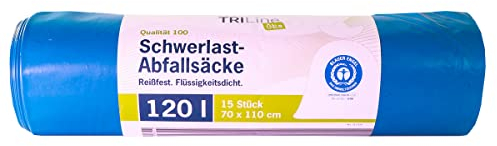 Bolsas de basura de jardín Triline de 120 l, color azul, extrafuertes, resistentes, 100% reciclables, 1 rollo de 15 unidades