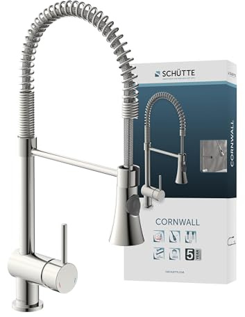 SCHÜTTE 79155 CORNWALL Küchenarmatur, Einhebelmischer mit ausziehbarer Geschirrbrause, 360 Grad schwenkbare Spültischarmatur, Spiralfeder Mischbatterie für die Spüle, Wasserhahn Küche, Edelstahloptik