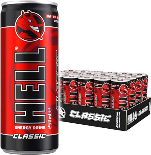 HELL Energy Drink Classic Flavour | 24 x 250ml Cans Multipack | 32mg/100ml Caffeine | Contains Vitamins B2 B3 B5 B6 B12 | Preservative Free | Vegan | Reduce Fatigue & Boost Energy