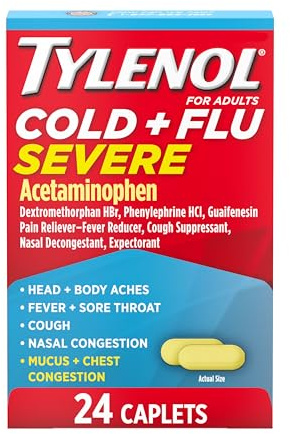 Tylenol Cold + Flu Severe Medicine Caplets for Cold & Flu Symptom Relief, Fever Reducer, Pain Reliever, Cough Suppressant, Nasal Decongestant & Expectorant with Acetaminophen, 24 ct.