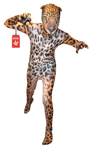 Morphsuits KLJAL - Jaguar Animal Planet Kinder Kostüm, 137-152 cm, Größe L | Ganzkörperanzug mit Kapuzenmaske, Oranges Raubkatzen-Muster, Klettverschluss, Perfekt für Halloween, Ideal für Rollenspiele