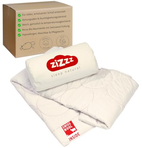 zizzz Edredón orgánico 4 Estaciones 220x240 cm - Transpirable e increíblemente Suave - Manta Natural con Relleno de Lana Suiza (290g / m2) - edredón para Todo el año
