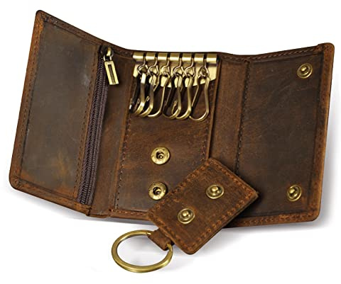 Le'aokuu Cartera de Hombre Billetera de Cuero Genuino Bolsa de almacenamienta Monedas,monedera de Llaves de Coche con Gancho Estuche de Llaves 1064