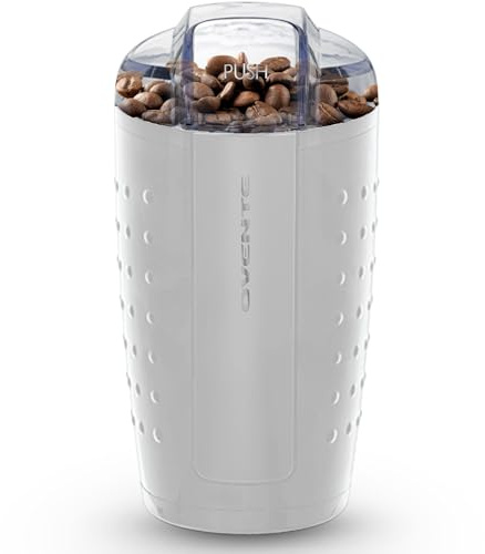 OVENTE Electric Coffee Grinder, Coffee Mill and Spice Grinder with 2.5oz Capacity, 150W Motor, One Touch Push-Button & Stainless Steel Blades for Uniform Grinding of Beans, Herb or Nuts, White CG225W