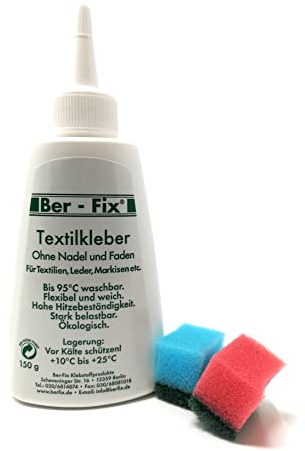 Ber-Fix Textilkleber 150g | Stoffkleber Waschmaschinenfest 95°C & Bügelfest 180°C | Transparent & Flexibel | Repariert Jeans, Kleidung, Leder (Rau-Seite), Markisen OHNE NÄHEN | Inkl. 2 Schwämmchen