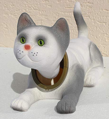 RAKSO Wackel Figur Katze hell grau Wackelfigur H 15 cm groß liegend Dekofigur mit Wackelkopf Gartendeko Gartenskulptur