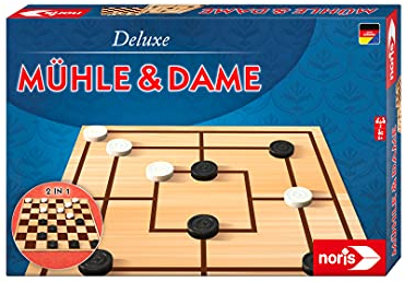 Noris Deluxe Mühle & Dame – Strategiespiel mit doppeltem Spielbrett, Holz‑Spielfiguren, Aufbewahrungsbox, Klassiker für 2 Spieler ab 6 Jahren