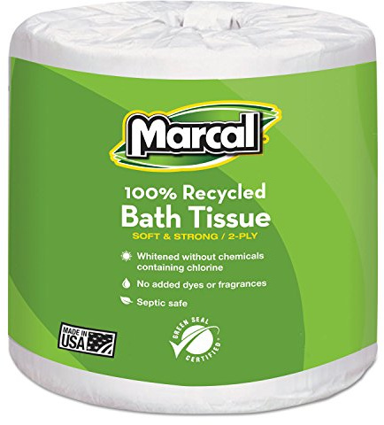 Marcal 06079 Papel higiénico 100% reciclado – 2 capas de color blanco pañuelo de baño, 336 hojas por rollo – 48 rollos por estuche con sello verde certificado papel higiénico 06079