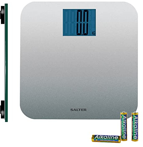 Salter 9075 SVGL3R - Bilancia pesapersone compatta elettronica Max premium, Capacità 250Kg, bilancia digitale persone, display LCD XL, ampia pedana,15 anni di garanzia, argento glitter