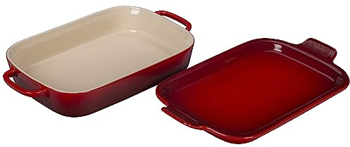 LE CREUSET Rechteckige Auflaufform mit Deckel aus Steingut, Steingut, cherry, 14 3/4 x 9 x 2 1/2
