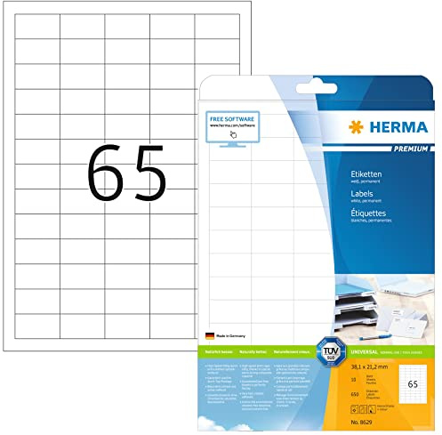 HERMA 8629 universella etiketter A4 små (38,1 x 21,2 mm, 10 ark, papper, matt) självhäftande, utskrivbara, permanenta adressetiketter, 650 klistermärken, vit
