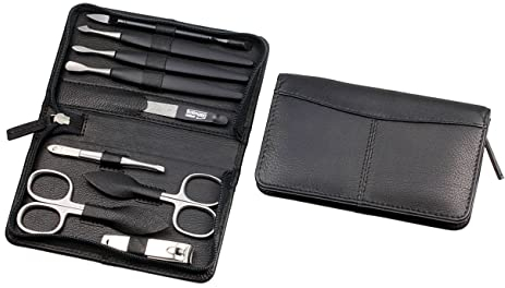 Sonnenschein by Hans Kniebes – Maniküre Set 9-teilig – Nagelschere, Hautschere, Knipser, Pinzette, Feile, Nagelhautdrücker, Nagelreiniger/-messer, Hufstab – Maniküre-Etui aus Nappa-Schafleder Schwarz