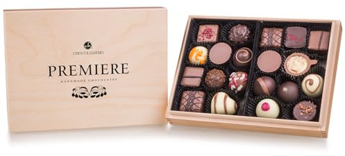 CHOCOLISSIMO Scatola regalo di cioccolato - Praline - 20 cioccolatini fatti a mano in una scatola di legno - Idee regalo per uomini, donne, padri, madri, compleanni - Premiere Midi