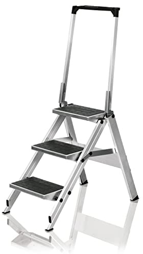 Little Jumbo Trittleiter mit Sicherheitsbügel - Klapptreppe Made in Germany - flaches Klappmaß und breite Stufen (Kunststoffbelag, 3-stufig)