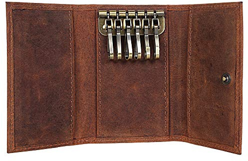 RUSTIC TOWN Slim Compact Leather Key Holder Wallet Pouch Gifts Him Her Men and Women (Brown)