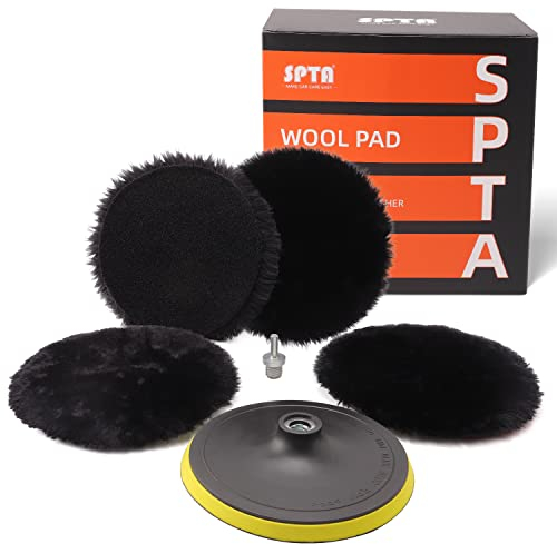 Lammfell pad, Lammwollhaube, Lammfell, SPTA 5tlg 180mm Polieren polierscheibe Polierset Set Wolle Pad Lammwolle 180mm Klett pad polierscheibe + M14 Bohrer Adapter für Auto poliermaschine -HWPPS7M14M6