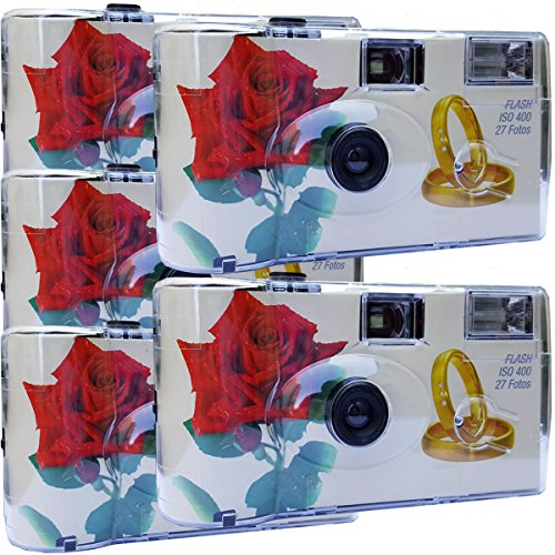 Photo Porst 5 x fotocamera usa e getta Rosa rossa + anelli (istruzioni in tedesco [lingua italiana non garantita], con flash e batterie, per 27 foto, ISO 400 Fuji)