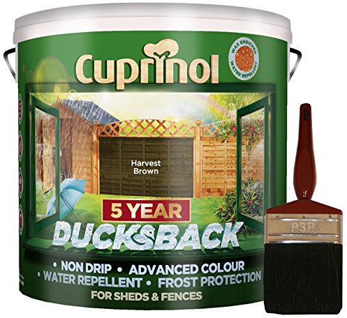 New 2018 Cuprinol Ducksback Shed & Fence Paint 9 Litre Harvest Brown. Non Drip, Water Repellent and Frost Defence. Protection for 5 Years. Includes PSP 4” Fence Application woodcare Brush.