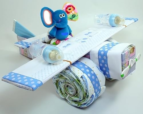 Torta di Pannolini forma Aereo Azzurro con parure Lettino