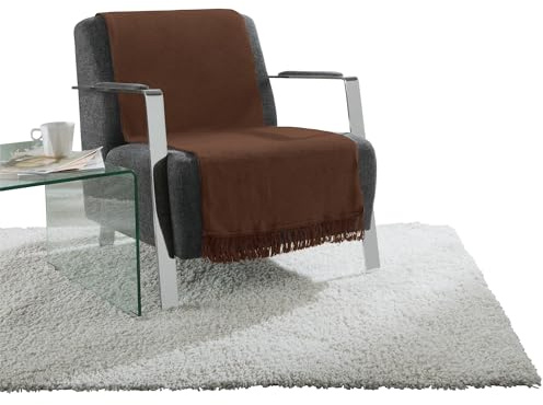 Erwin Müller Sofaüberwurf, Sofaläufer, Sesselschoner Schoko Größe 75x200 cm - anschmiegsam, temperaturausgleichend, mit Fransen - (weitere Farben, Größen)