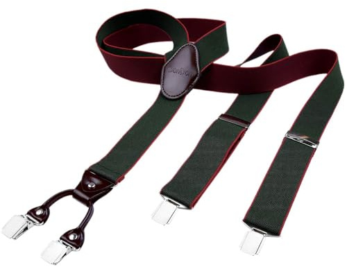 DonDon Bretelle da uomo eleganti extra forti 3,5 cm con 4 clip e toppa in pelle marrone verdi scure