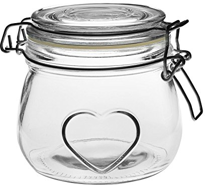 Nicola Spring Heart Shaped Glass Storage Jar with Airtight Clip Lid - 500ml - 1 Pack - 4 Colour Seals - Kitchen Vintage Round Preserving Container for Pickling, Chutney, Jam, Coffee, Oats