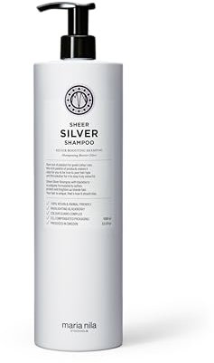 Maria Nila Sheer Silver, Champú 1000 ml, neutraliza los tonos dorados, los pigmentos violetas aportan un tono frío, 100% vegano y libre de sulfatos/parabenos