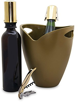 PULLTEX - Set Vino Confezione Regalo - NEW CELEBRATION KIT 4 PEZZI ORO - Include Secchiello Bottiglia, Cavatappi e 2 Tappi per Bottiglia