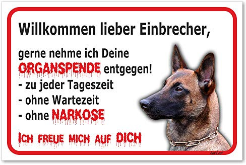 AdriLeo Schild - Vorsicht Malinois - Willkommen lieber Einbrecher - (20x30cm) / Achtung Hund Wachhund robust langlebig UV-beständig wetterfestes Warnschild