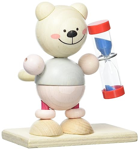 Hess Holzspielzeug 14531 - Zahnputzuhr aus Holz für Kinder, inkl. Sanduhr, Nature Serie Bär in Rosa, handgefertigt, zur täglichen Nutzung beim Zähneputzen