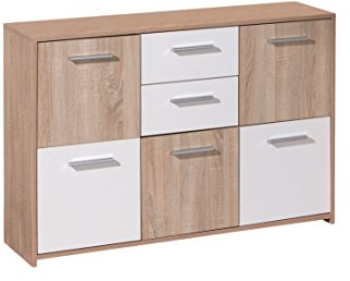 Inter Link – Kommode – Sideboard - Kommode mit 5 Türen und 2 Schubladen – 2 Farbig – Melaminbeschichtet – Sonoma Eiche Nachbildung und Weiß – BxTxH: 115x30x77 cm – Elvezia