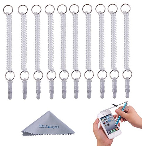 Wisdompro Stylus Tether, 10 Pack Elastic Coil Tether Strings Lanyards | (Clear) Detachable Coil Tether Strings Lanyards with 3.5mm earphone jack for Stylus Pens