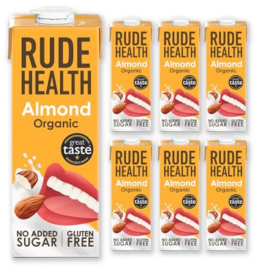 Rude Health 6 x 1 Litre Organic Almond Dairy-Alt Milk, 100% Natural Organic Drink, Lactose Free, Dairy Free & Gluten-Free, No Added Sugar, Award-Winning, Healthy & Vegan, 100% Recyclable Packaging