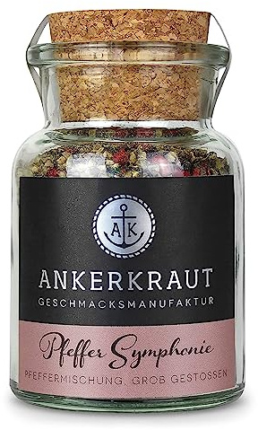 Ankerkraut Pfeffer Symphonie, geschrotete Körner, Mischung aus Pfeffer, rosa Beeren und Piment, Harmonische Gewürz für Fleisch Steak Gemüse, lecker würzen, 70 g im Korkenglas