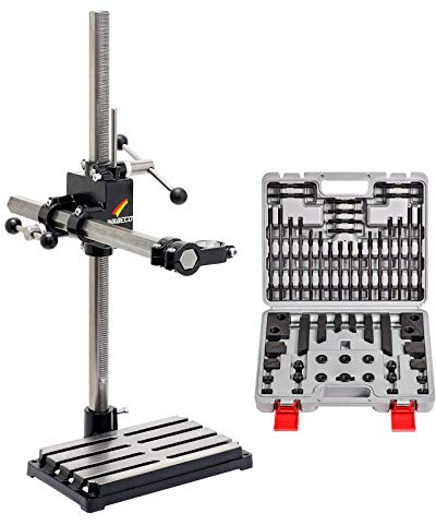 WABECO Bohrständer Fräsständer BF1243 mit Spannpratzen Satz 58-teilig, 2 Zustellachsen vertikal/horizontal Säule 750 Ausleger 500 mm Made in Germany