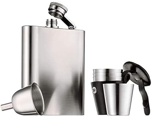 WMF Manhattan Flachmann Edelstahl 6-teilig, Flachmann 200ml, Flask 20cl, Trichter, Stamper im Lederetui, Cromargan Edelstahl mattiert, Geschenkidee