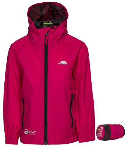 Trespass Kids Jacket Qikpac - Waterproof, Breathable, School Raincoat, 2 Zip Pockets, Full Zip, Adjustable Hood, Storm Flap, Ventilated Back, Lightweight, Packable