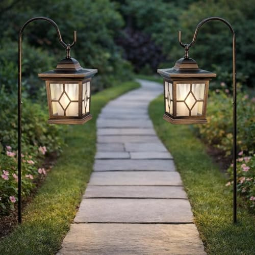 DRULINE 2er Set LED Solar Laterne mit Erdspieß - Solarleuchte Garten – Hängelampe Solar – Metall/Kunststoff braun gewischt/Acryl transparent - B/H/T ca. 15 x 75 x 15 cm