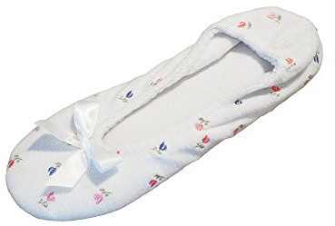 isotoner Women's Embroidered Plush Terry Ballerina Slippers , White Soft Tie Bow, 6.5-7. 5