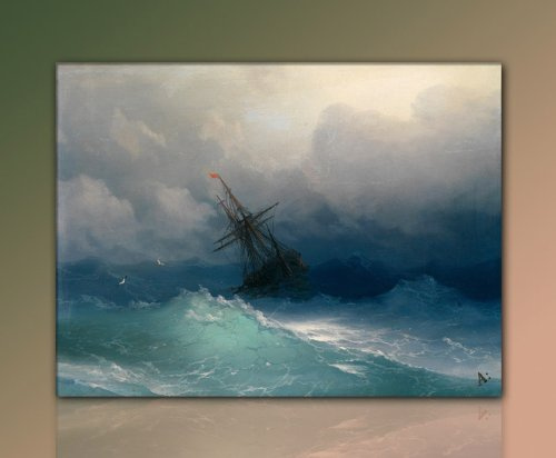 Der Sturm - Wandbild: Schiff im Sturm von Ivan Konstantinovich (60x80 cm) auf Echter Leinwand gerahmt - Kunstdruck Gemälde Alte Meister auf Leinwand. Günstig inkl. Rahmen