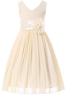 Bow Dream Flower Girl Dress Junior Bridesmaids V-Neckline Chiffon Cream Ivory 8