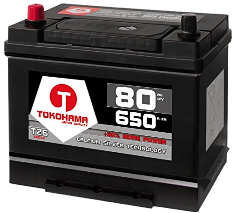 Tokohama Autobatterie 80Ah 12V 650A/EN Asia Japan Starter Batterie Plus Pol Links ersetzt 70Ah 75Ah